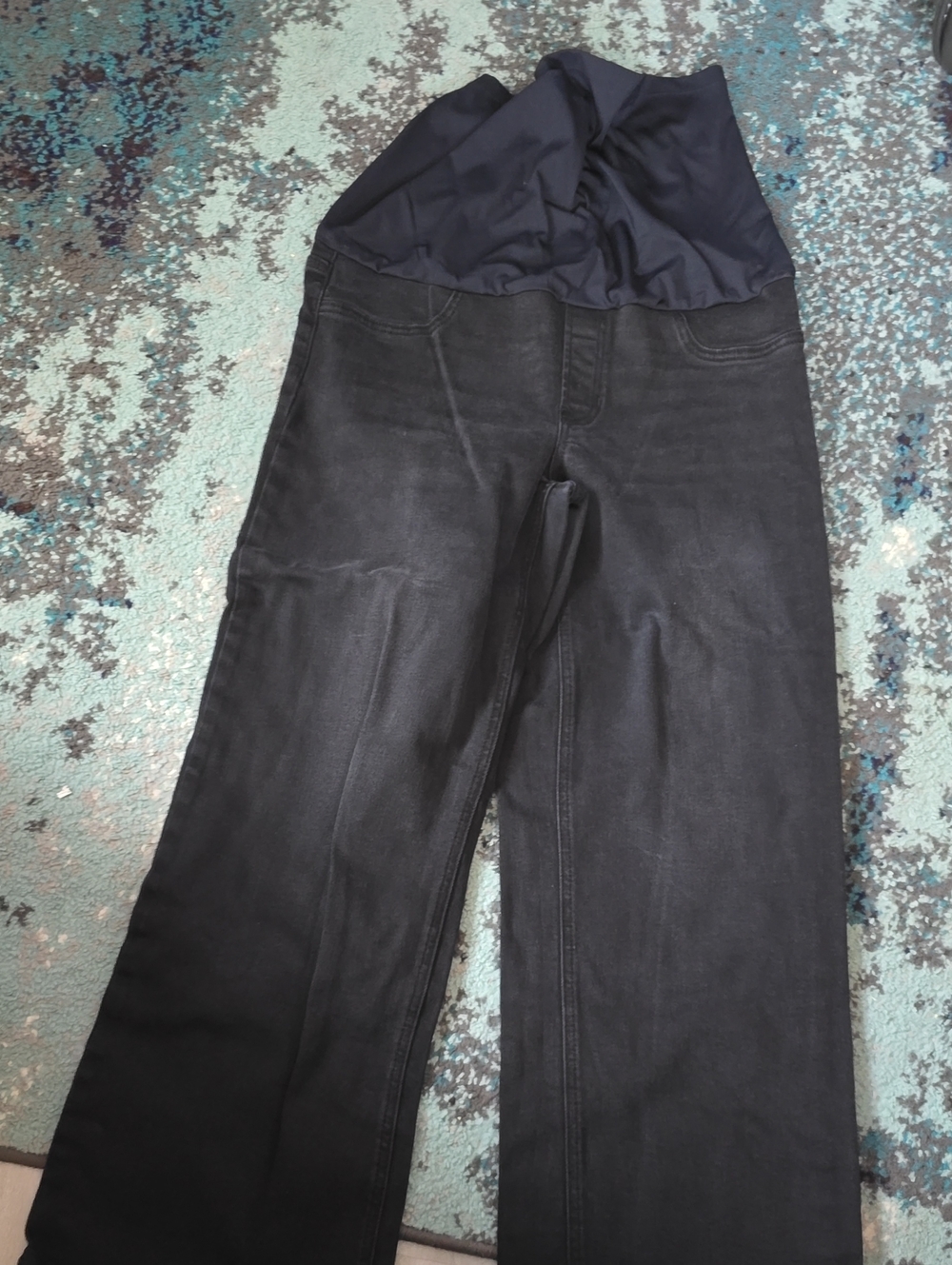 Just USA Black Wide-Leg Maternity Jeans with Navy Stretch Panel